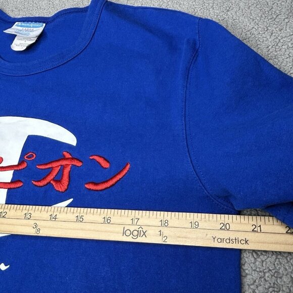 Vintage Champion Shirt Adult Large Blue Red Japanese Print Embroidered Mens Tee - Picture 9 of 12